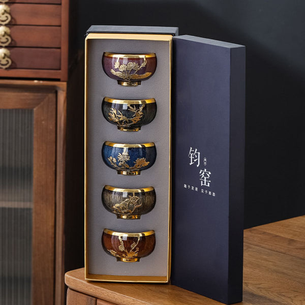 Ming Chinese tea cup set – 5 Glazed ceramic cups with gold detailing