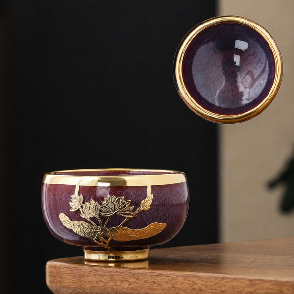 Ming Chinese tea cup set – 5 Glazed ceramic cups with gold detailing