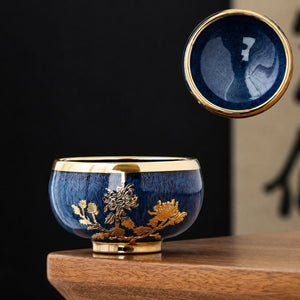 Ming Chinese tea cup set – 5 Glazed ceramic cups with gold detailing