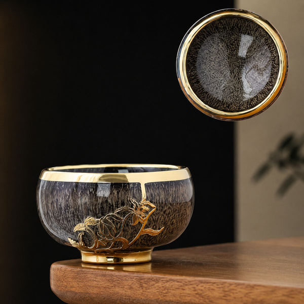 Ming Chinese tea cup set – 5 Glazed ceramic cups with gold detailing