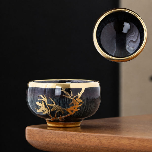 Ming Chinese tea cup set – 5 Glazed ceramic cups with gold detailing
