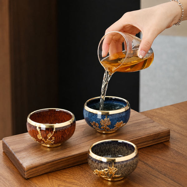 Ming Chinese tea cup set – 5 Glazed ceramic cups with gold detailing