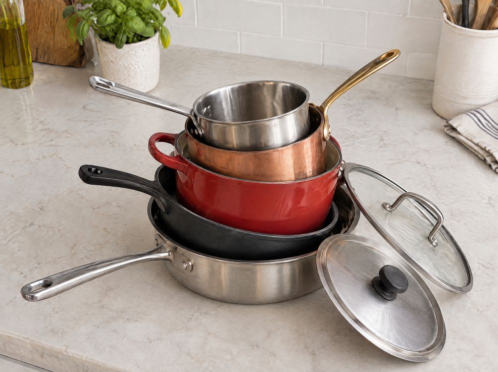 Stack of mismatched pots and pans that do not nest