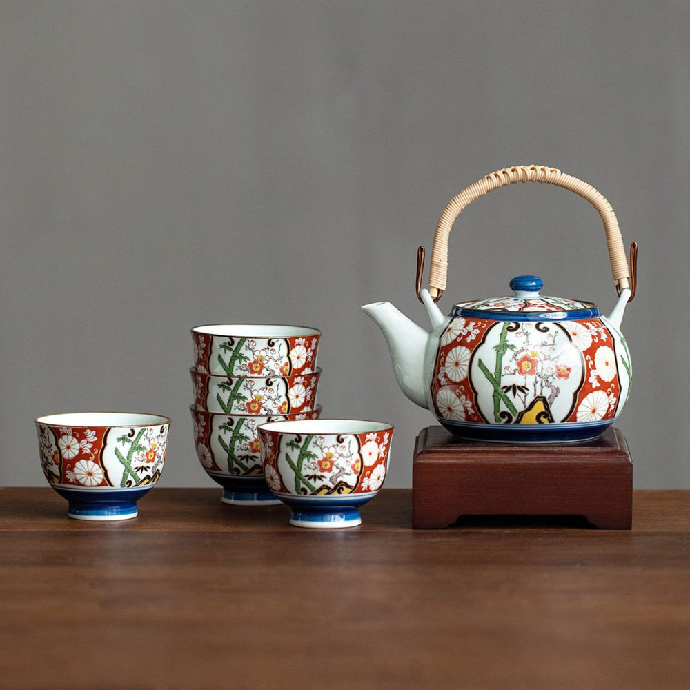 Miyabi Japanese Tea Set – 6-Piece Ceramic Set – Plum Blossom & Bamboo