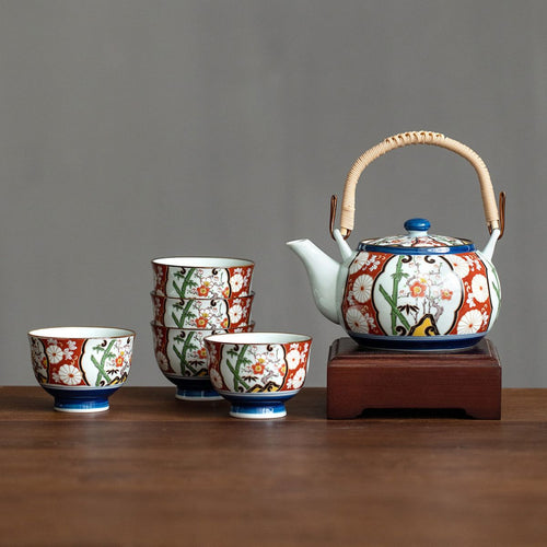 Miyabi Japanese Tea Set – 6-Piece Ceramic Set – Plum Blossom & Bamboo