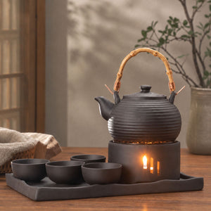 Nagi matte black clay tea set with teapot on its candle warmer, four cups and serving tray