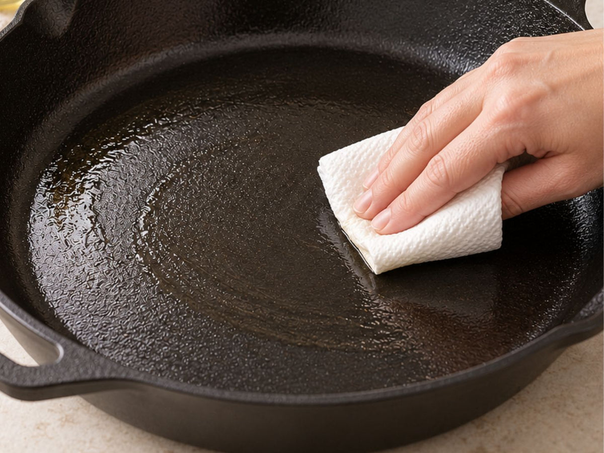 Wiping oil onto a raw cast iron pan to season it