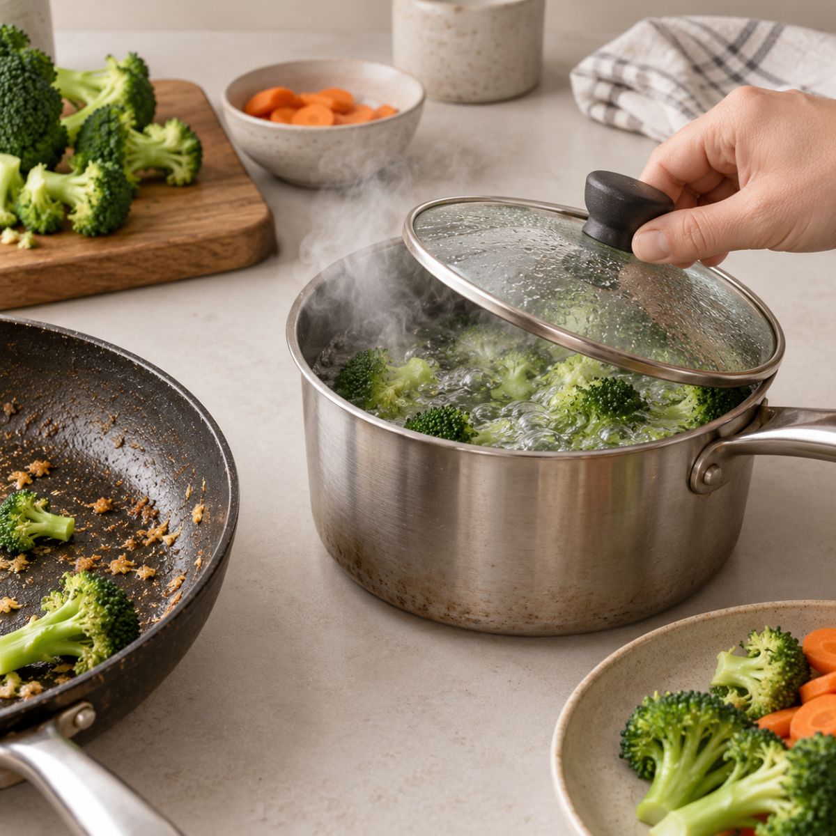Steaming pot with a lid that does not match the pan beside it