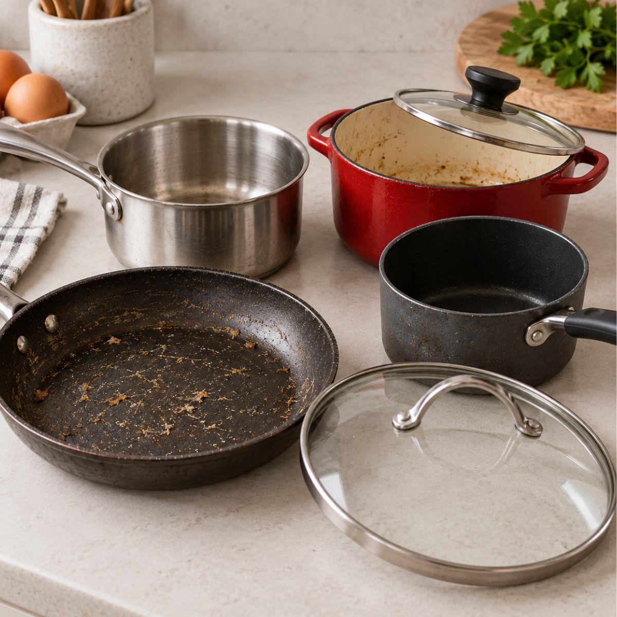 Mismatched pots, pans and lids on a kitchen counter