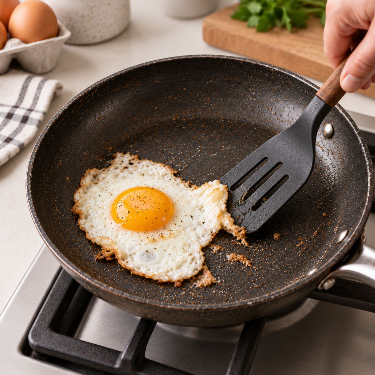 Fried egg sticking to a worn dark nonstick pan