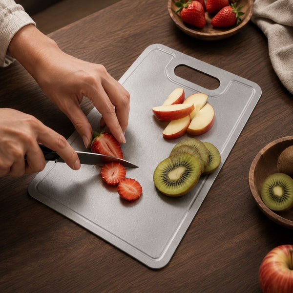 Strawberries, apple and kiwi sliced on the pure titanium cutting board
