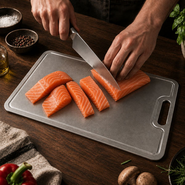Salmon fillet portioned on the pure titanium cutting board