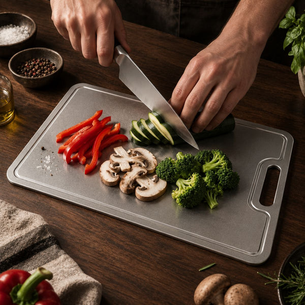 Peppers, mushrooms and broccoli being cut on the pure titanium board