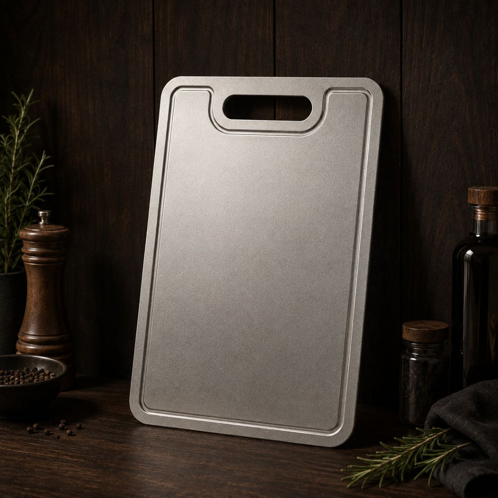 Pure titanium cutting board standing upright on a dark wooden counter