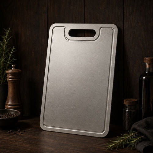 Pure titanium cutting board standing upright on a dark wooden counter