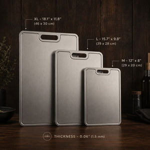 Size chart of the pure titanium cutting board in XL, L and M, 1.5 mm thick