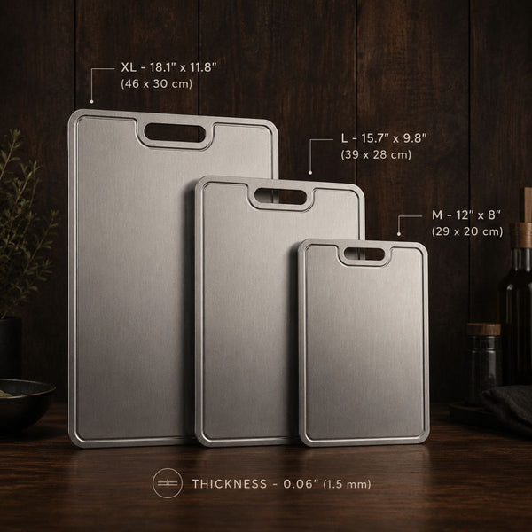 Size chart of the pure titanium cutting board in XL, L and M, 1.5 mm thick