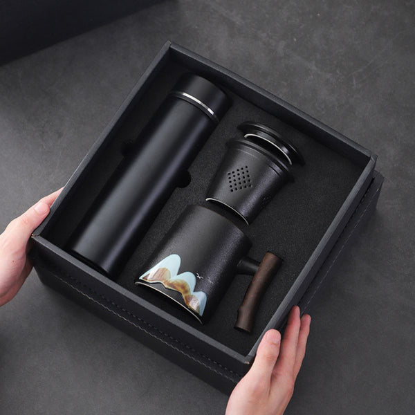 Riku Tea travel set with temperature display thermos & Infuser mug – Matte Black