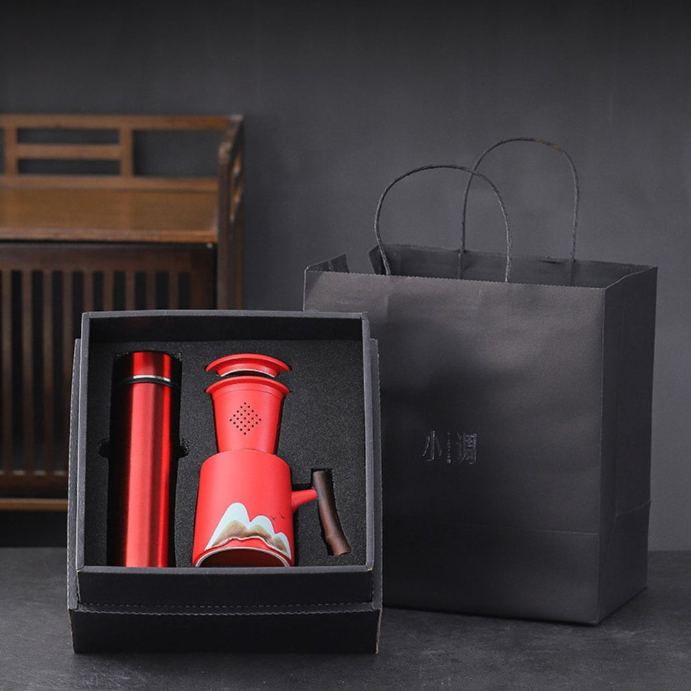 Riku Tea travel set with temperature display thermos & Infuser mug – Vermilion Red