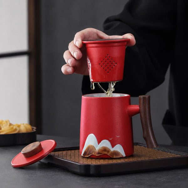 Riku Tea travel set with temperature display thermos & Infuser mug – Vermilion Red