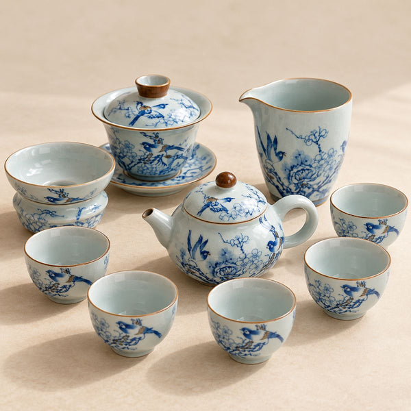 Rui sky blue Chinese Ruyao ceramic tea set with teapot, gaiwan, fair cup, strainer and tea cups