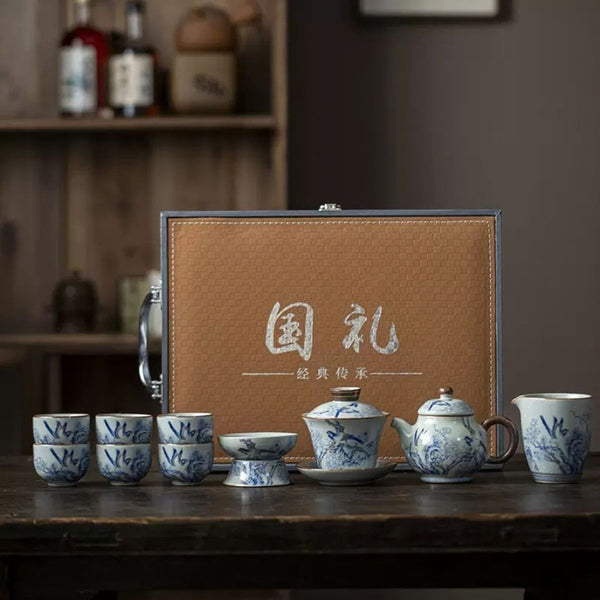 Rui Chinese Ruyao ceramic tea set displayed in front of its gift box