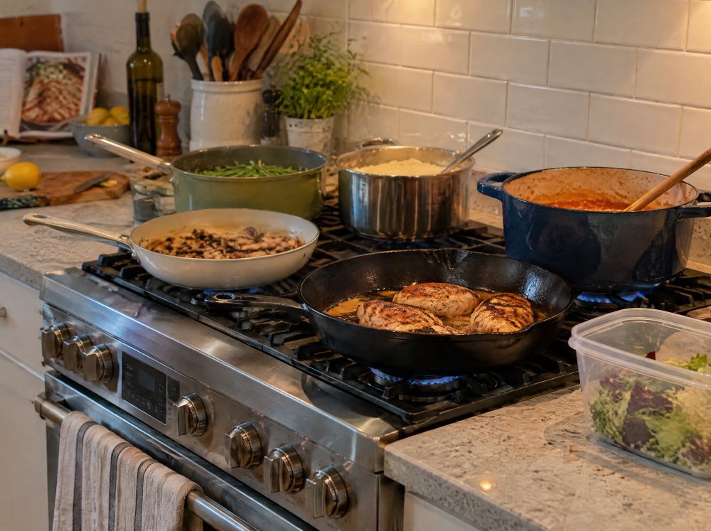 Stove crowded with different pots and pans