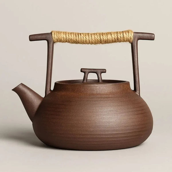 Sumi dark brown unglazed ceramic teapot with rope-wrapped overhead handle, 300ml