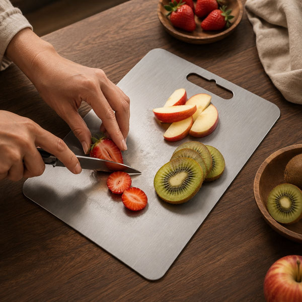 Strawberries, apple and kiwi sliced on the titanium cutting board