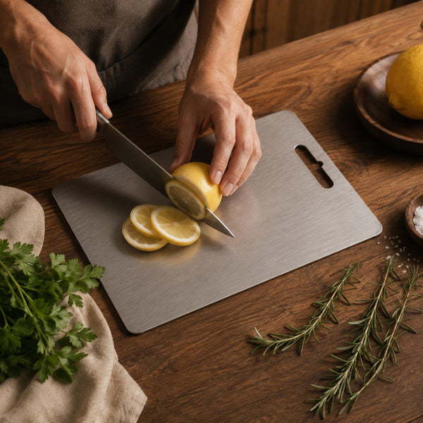Lemon being sliced on the titanium cutting board