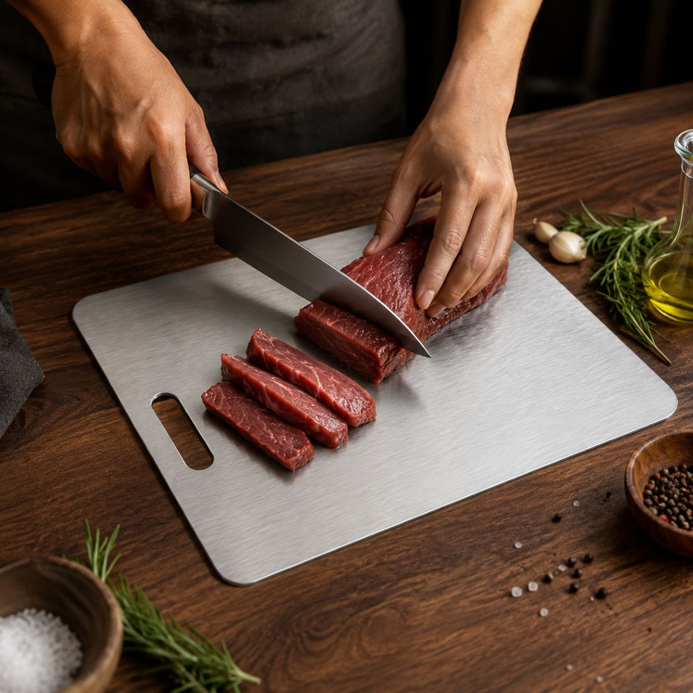 Three sizes of the titanium cutting board standing against a kitchen wall