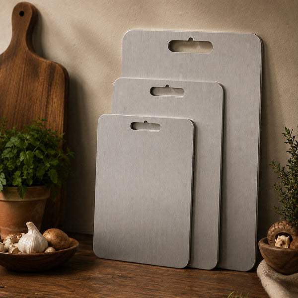 Three sizes of the titanium cutting board standing against a kitchen wall