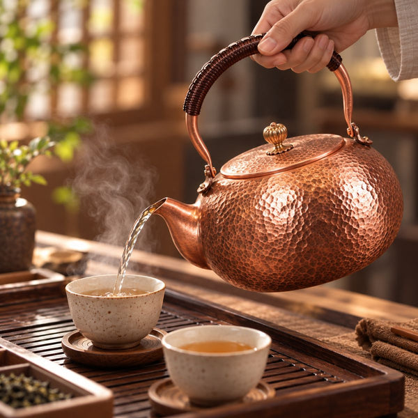 Hot water poured from the Varen copper kettle into a tea cup