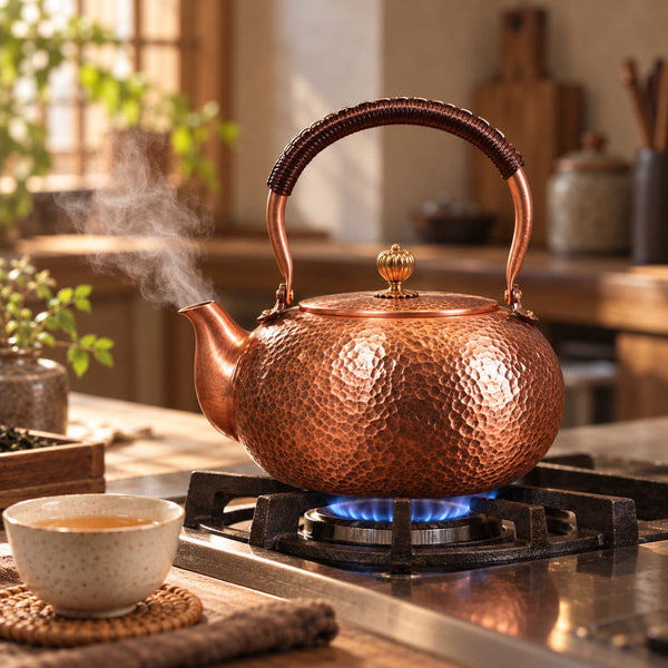 Varen copper kettle heating on a gas stove