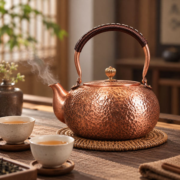 Varen hammered copper kettle on a woven trivet beside two cups of tea
