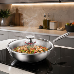 Titanium wok with its glass lid on, simmering chicken and vegetables