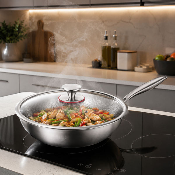Titanium wok with its glass lid on, simmering chicken and vegetables