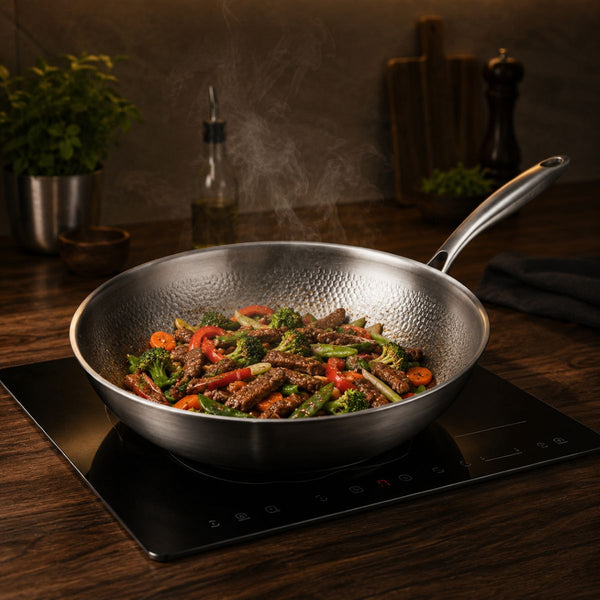Beef and vegetable stir-fry in the titanium wok on an induction cooktop