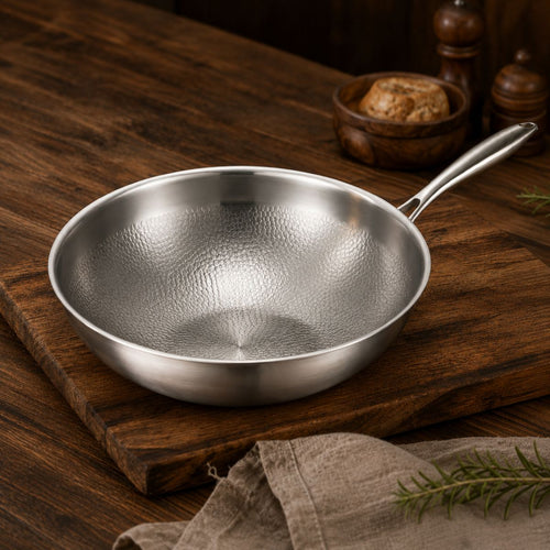 Hammered titanium wok pan with long steel handle on a wooden board