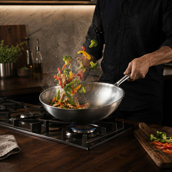 Vegetables tossed mid-air from the titanium wok over a gas flame