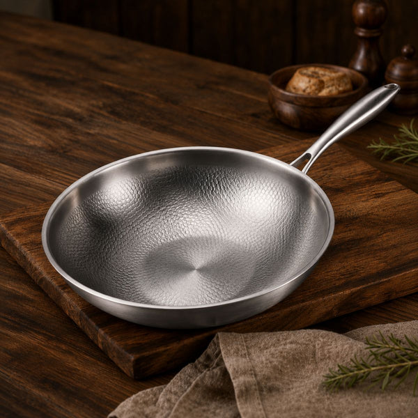Empty titanium wok on a wooden board, hammered cooking surface visible
