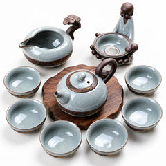 Yunlong Chinese Ruyao ceramic tea set with teapot, six cups, fair cup and tea strainer