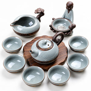 Yunlong Chinese Ruyao ceramic tea set with teapot, six cups, fair cup and tea strainer