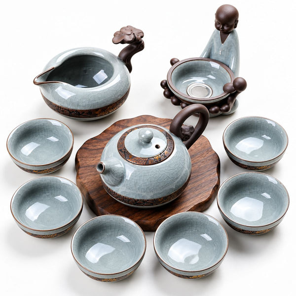 Yunlong Chinese Ruyao ceramic tea set with teapot, six cups, fair cup and tea strainer