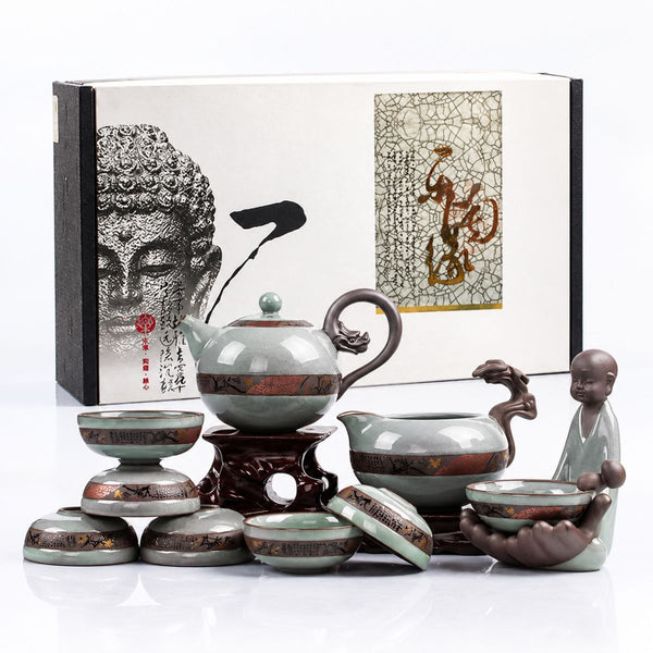 Yunlong Chinese Ruyao ceramic tea set displayed in front of its gift box